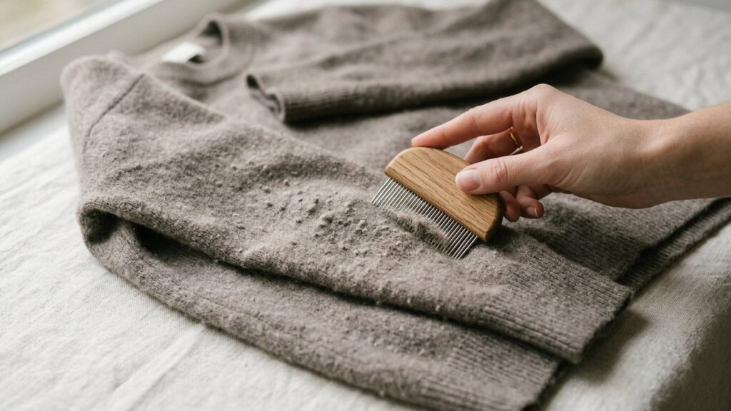 Pull en cachemire avec bouloches et peigne à bouloches