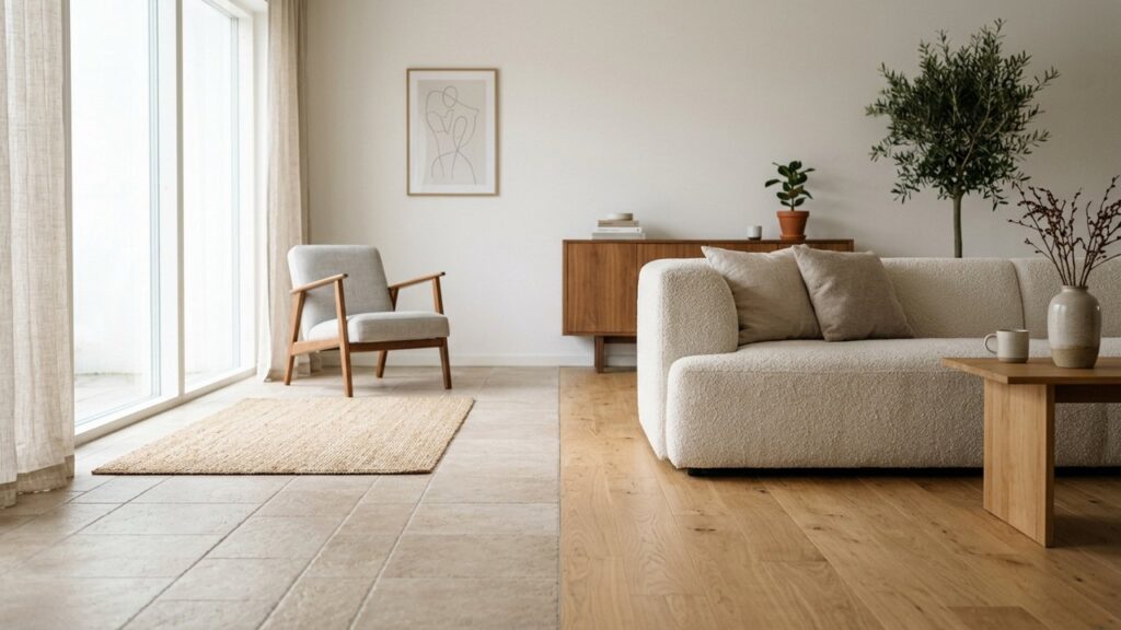Comparaison entre carrelage et parquet dans un salon moderne