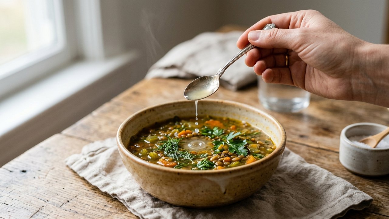 Ajout de jus de citron pour rééquilibrer une soupe trop salée
