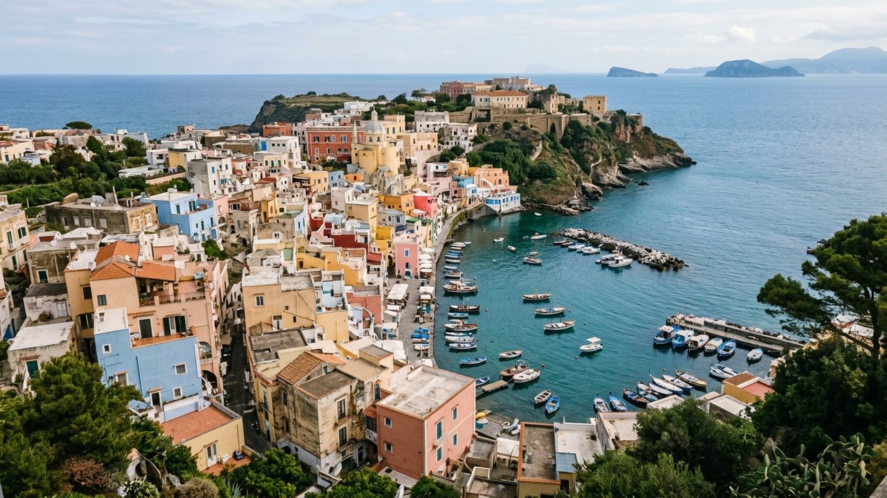 Vue aérienne du village de Corricella avec ses maisons colorées à Procida