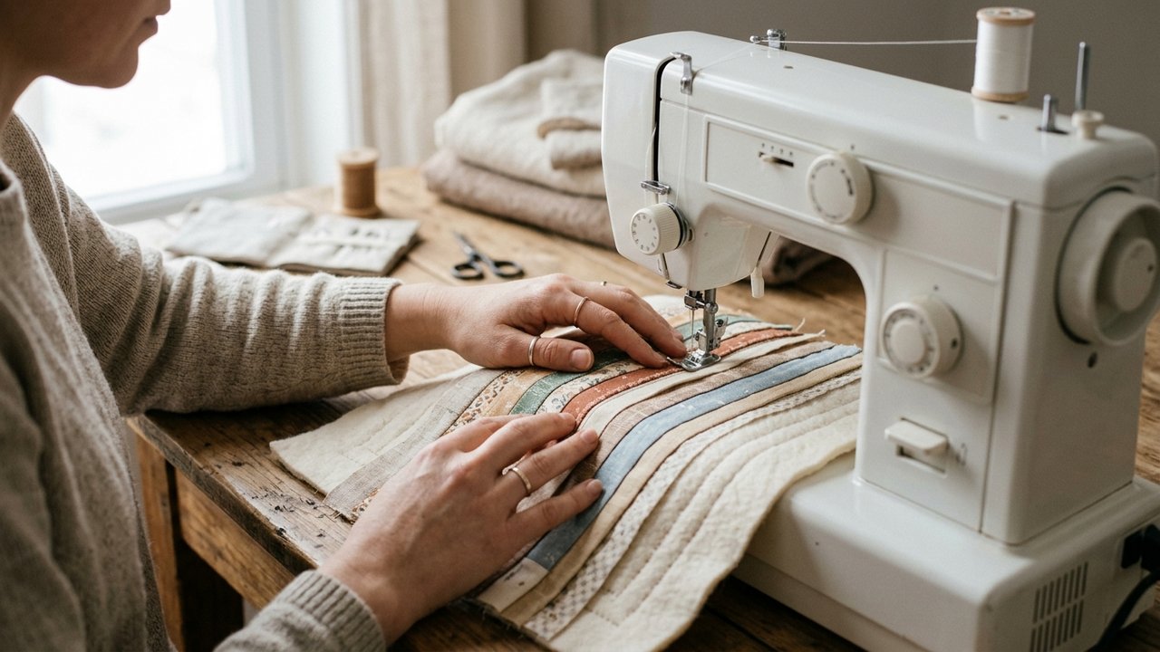 Couture de bandelettes de tissu directement sur molleton avec la technique quilt as you go