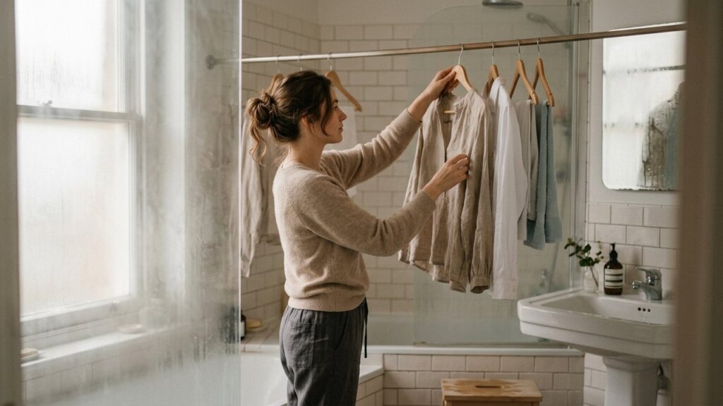 Défroissage d'un vêtement à la vapeur de douche