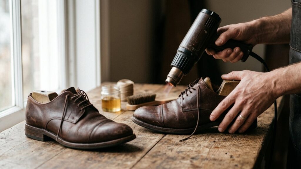 Élargissement de chaussures en cuir avec un sèche-cheveux