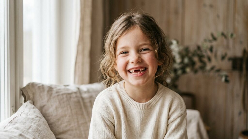 Enfant souriant avec une dent qui manque