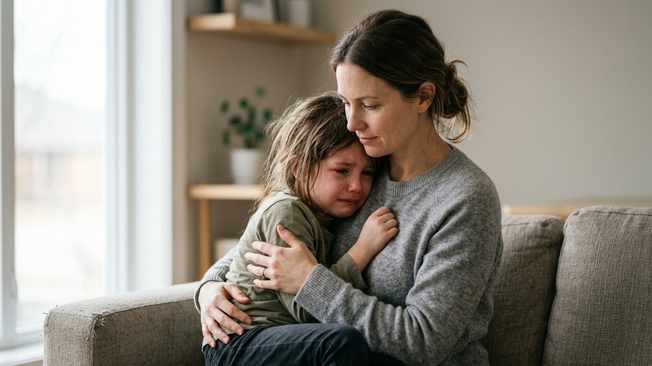 Un enfant exprimant sa peine accompagné d'un adulte bienveillant à l'écoute