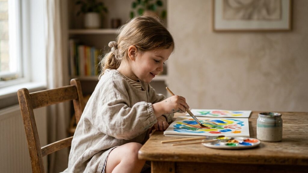 Enfant de 3 ans occupé à peindre à la gouache à la maison