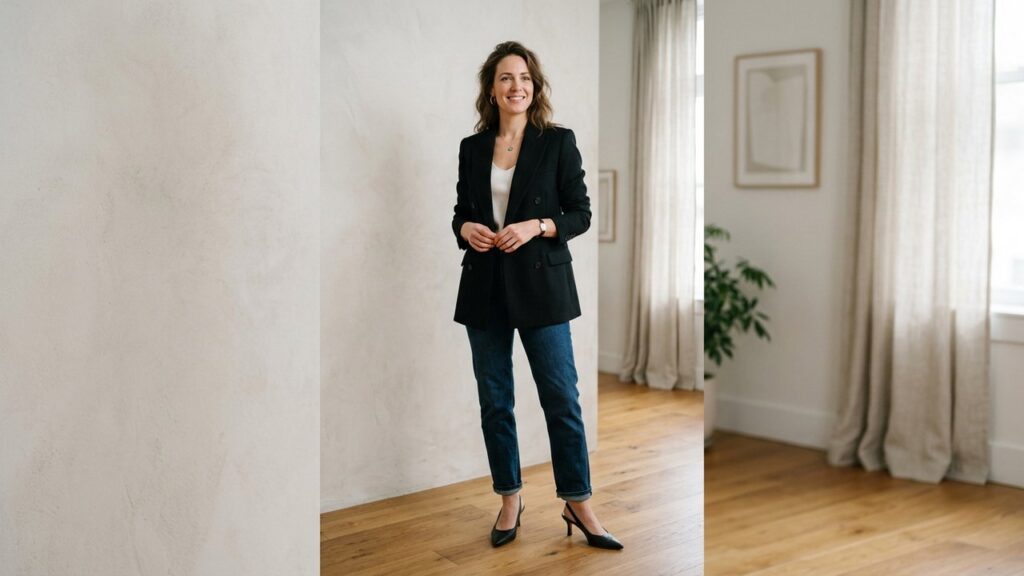 Femme portant un blazer structuré noir pour paraître plus vieille