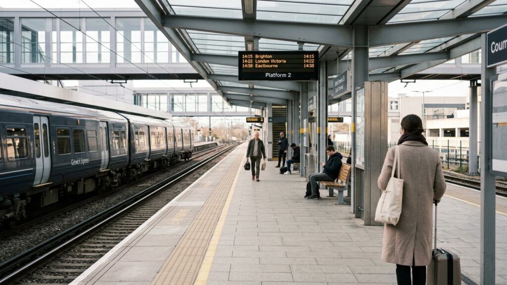 Quai de la gare de Gatwick avec le train express pour Londres