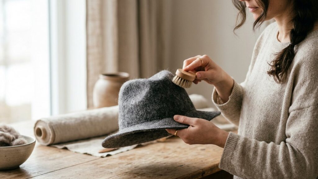 Brossage délicat d'un chapeau en feutre avec une brosse à charpie