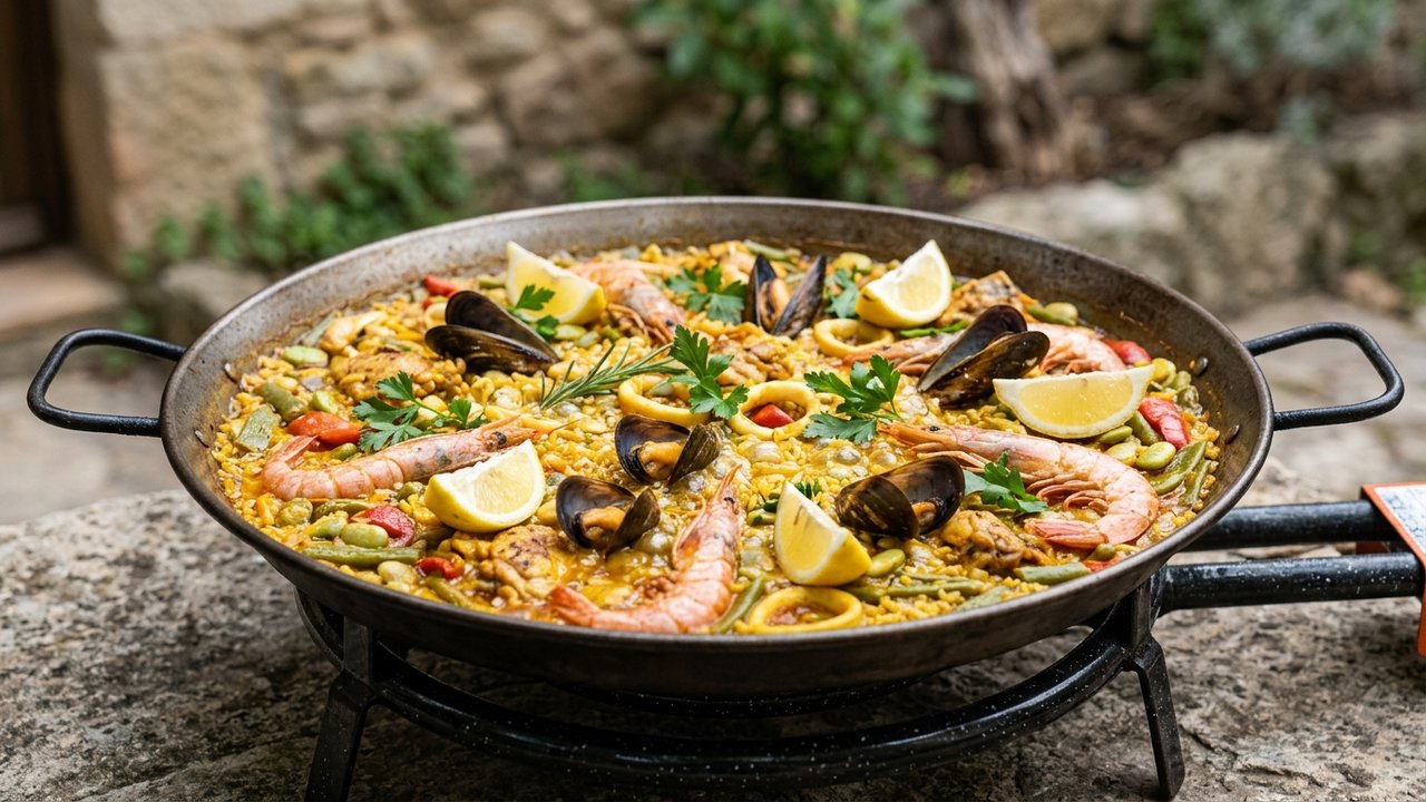 Paella en cours de cuisson avec garnitures généreuses