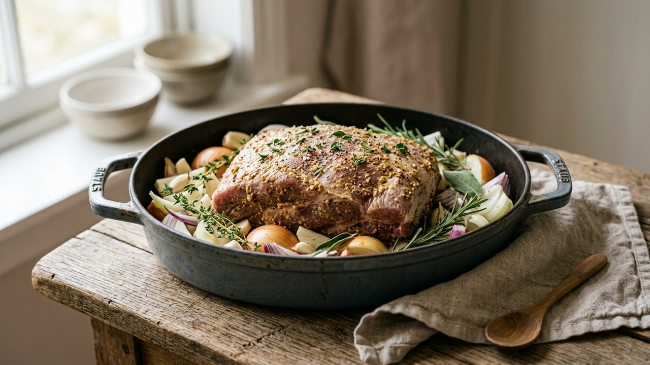 Palette de porc badigeonnée de moutarde sur lit d'oignons avant cuisson