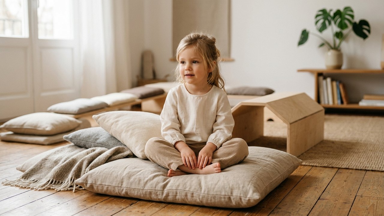 Enfant participant à un parcours moteur fait maison avec coussins et chaises
