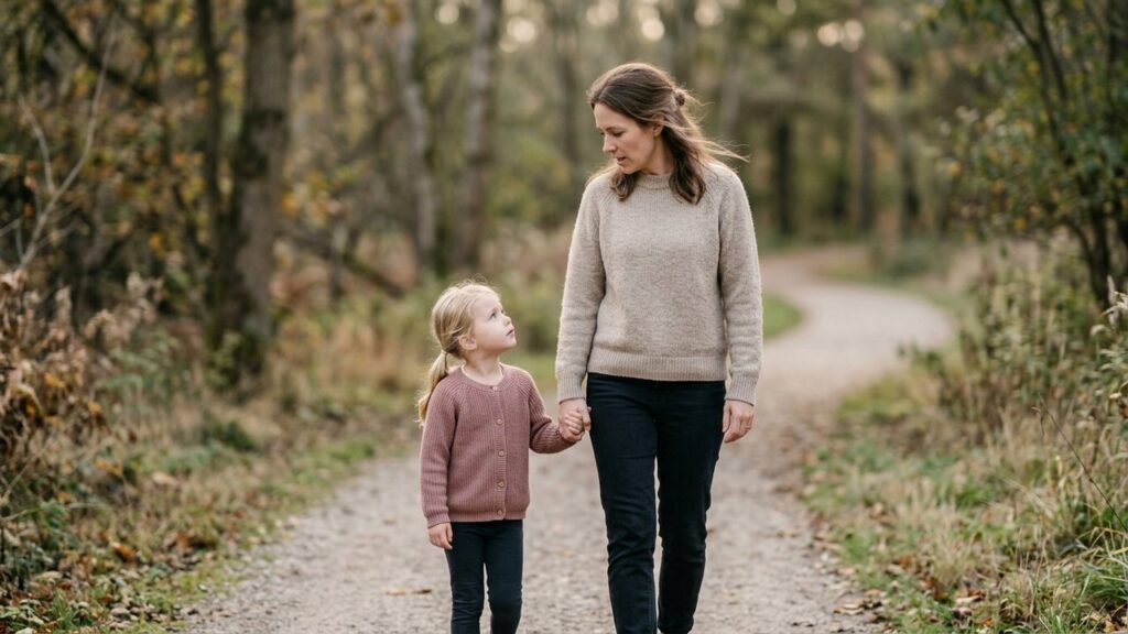 Un parent tenant la main d'un enfant lors d'une conversation importante