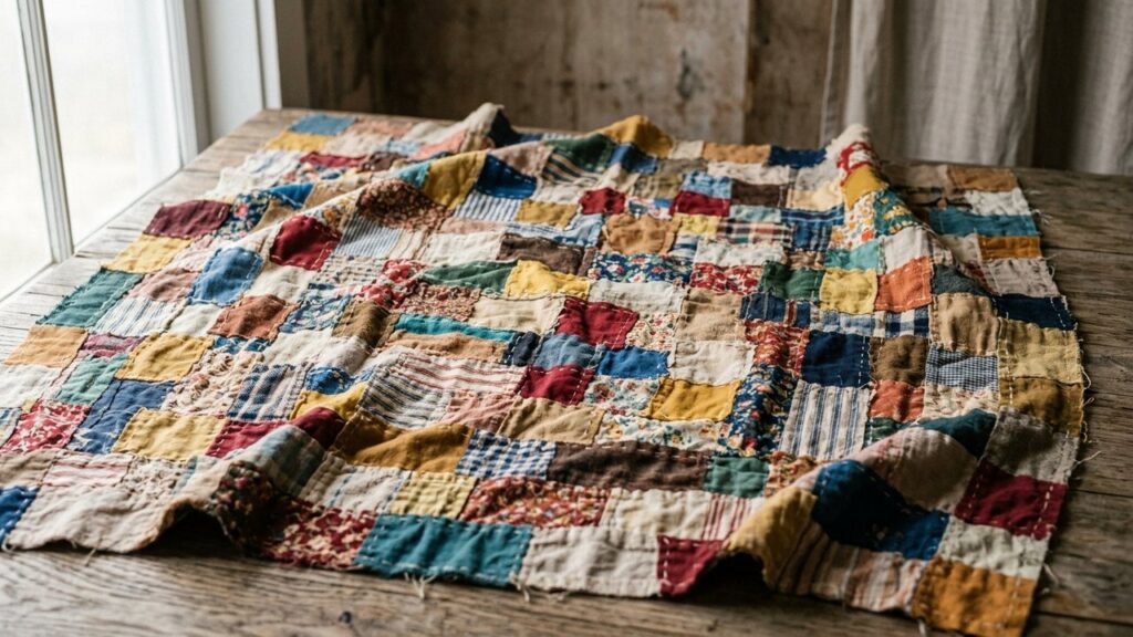 Patchwork réalisé avec des chutes de tissus de différentes couleurs