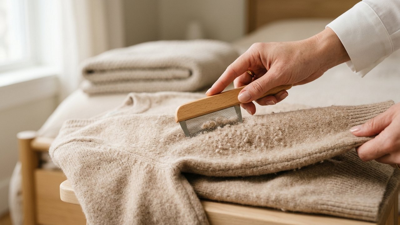 Utilisation d'un peigne à bouloches sur un pull en cachemire
