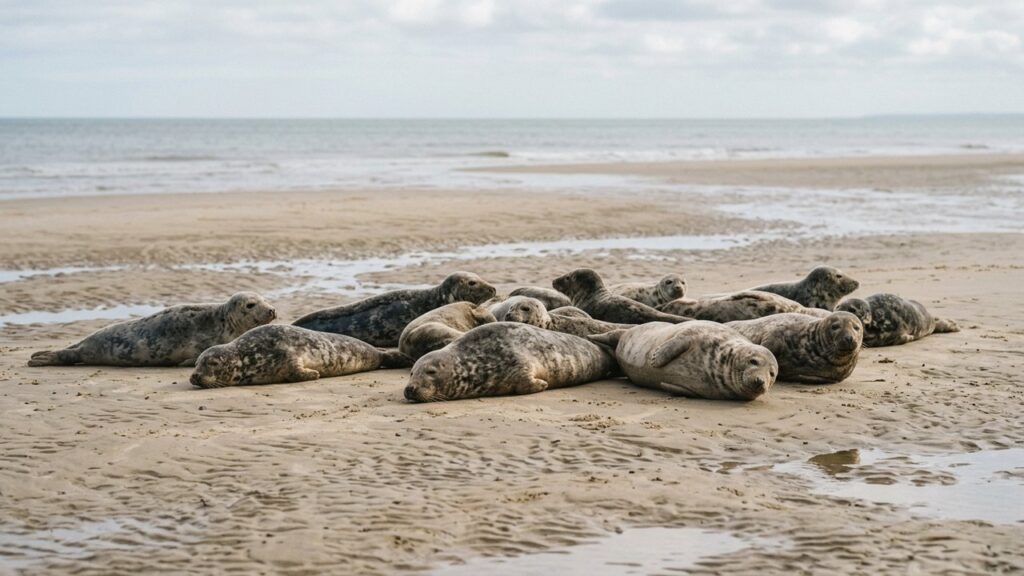 Colonie de phoques gris et veaux marins reposant sur les bancs de sable de Berck