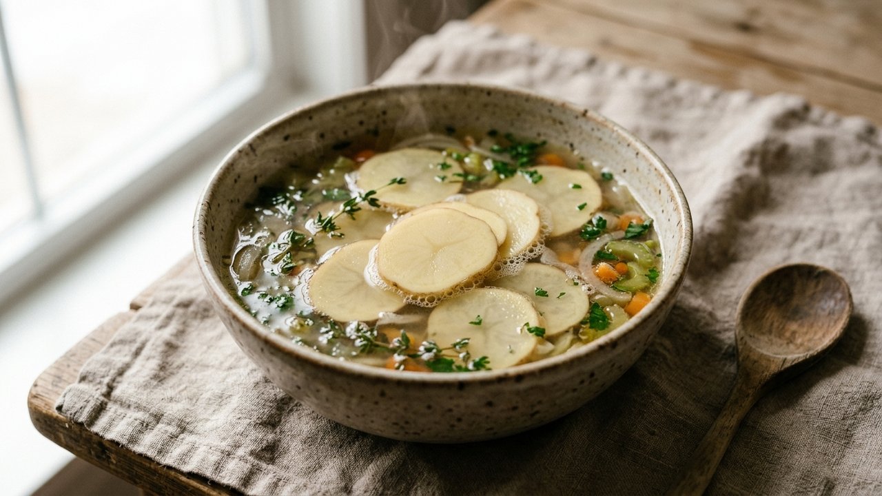 Rondelles de pomme de terre cuisant dans une soupe pour absorber le sel