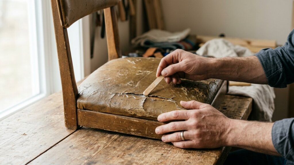Réparation d'une chaise en simili cuir qui s'effrite