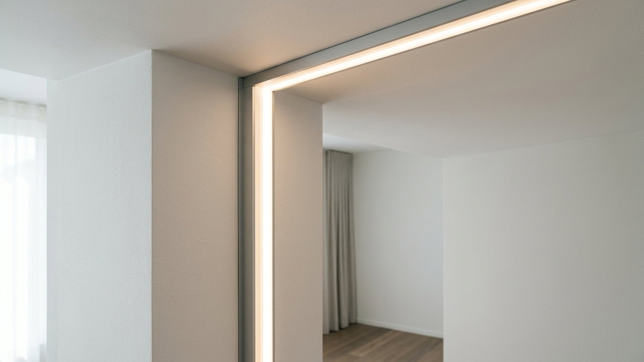 Ruban LED installé dans un profilé aluminium à l'angle du plafond