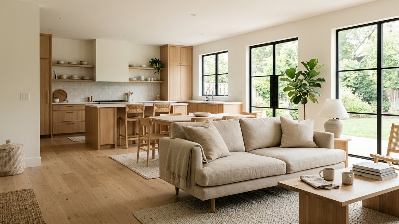 Salon ouvert avec parquet unifiant l'espace vers la cuisine