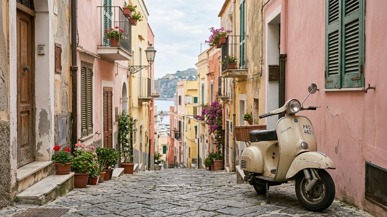 Scooter stationné dans une ruelle étroite de Procida, Italie