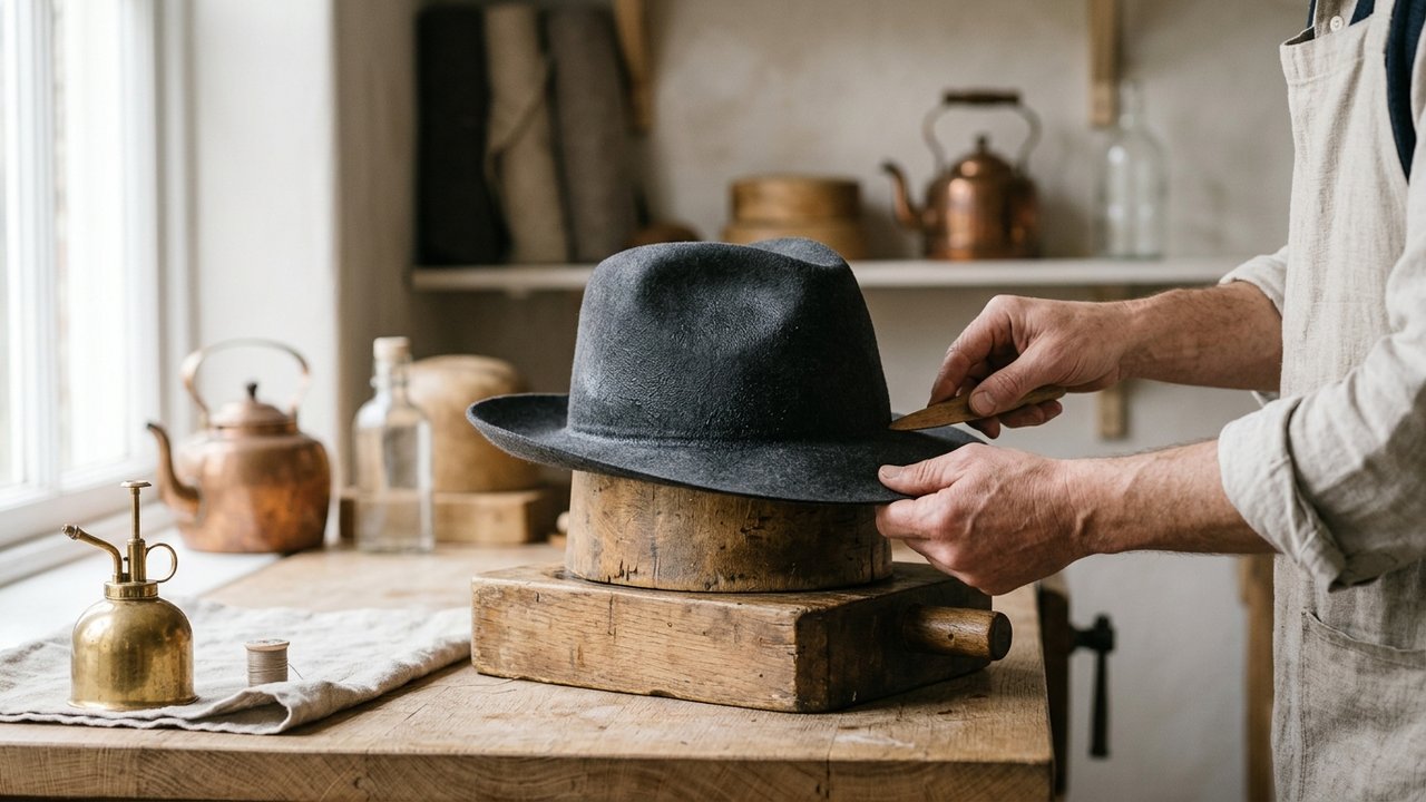 Chapeau en feutre humide posé sur un support de séchage pour remodeler