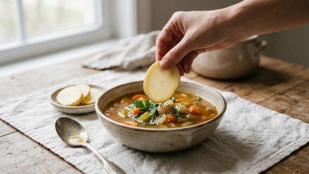 Dessaler une soupe trop salée avec une rondelle de pomme de terre crue