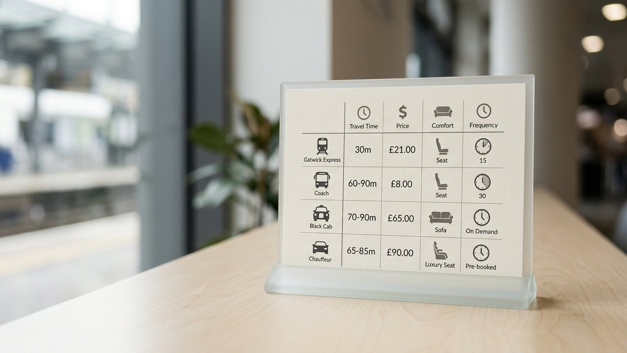 Tableau comparatif des tarifs des transports depuis Gatwick vers Londres