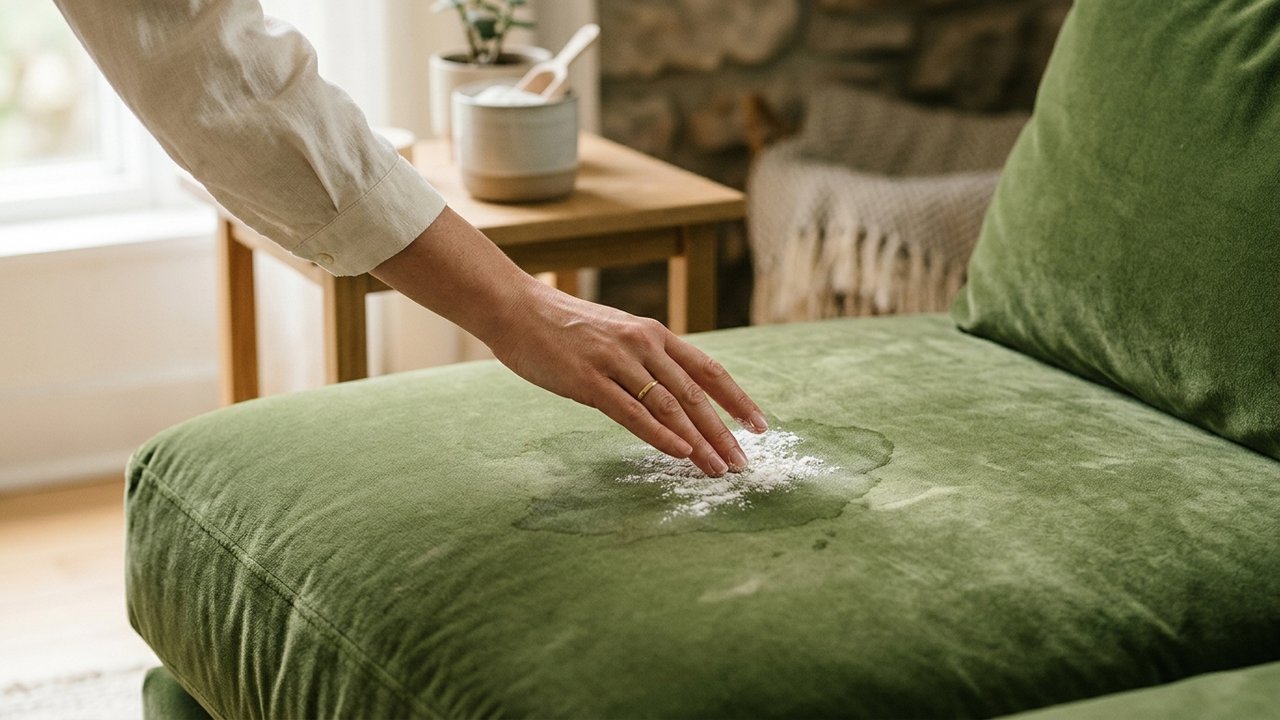 Application de terre de Sommières sur une tache de canapé velours