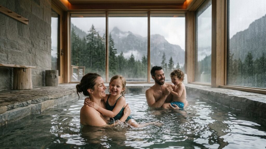 Famille profitant des thermes chauffés par mauvais temps aux Pyrénées