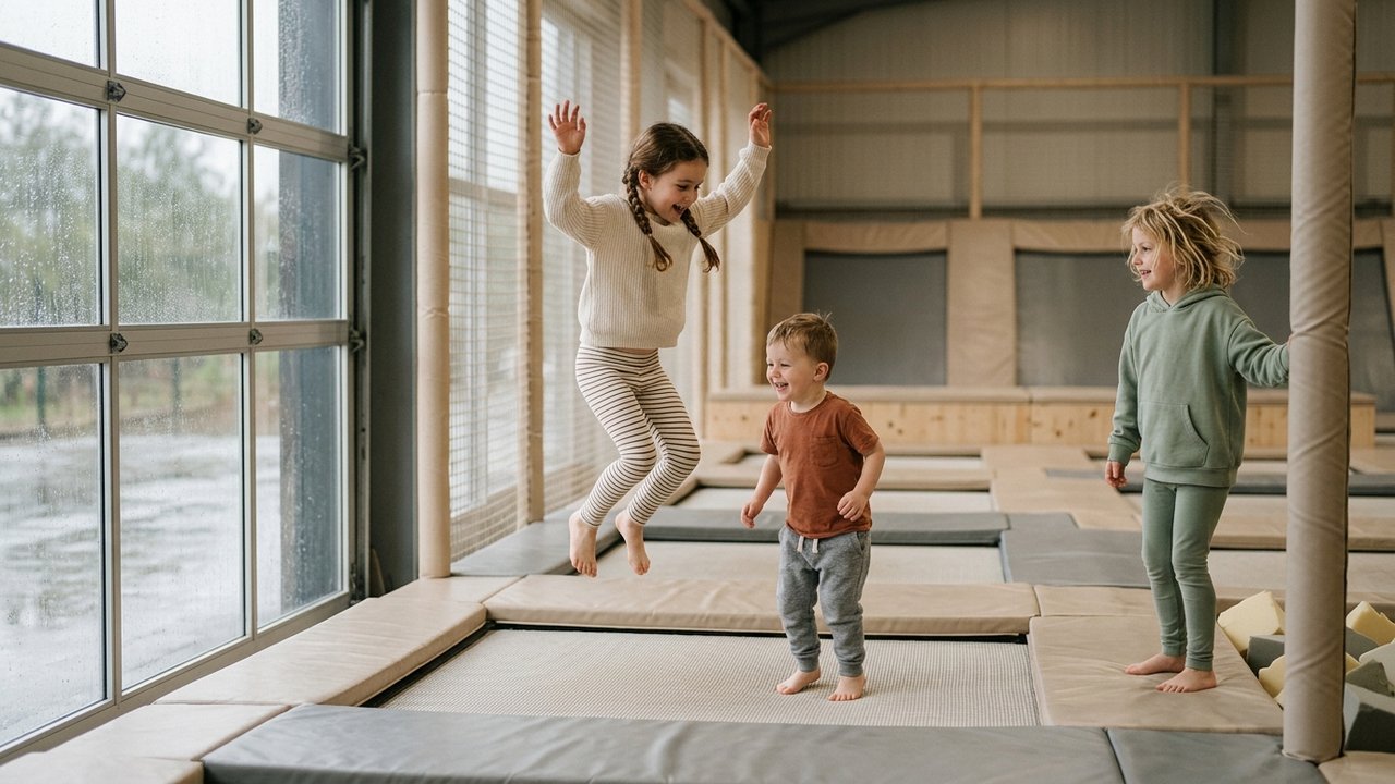 Enfants s'amusant dans un parc à trampolines couvert quand il pleut