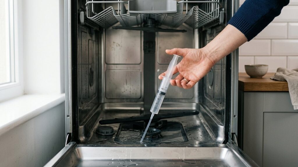 Vidange manuelle d'un lave-vaisselle avec une seringue