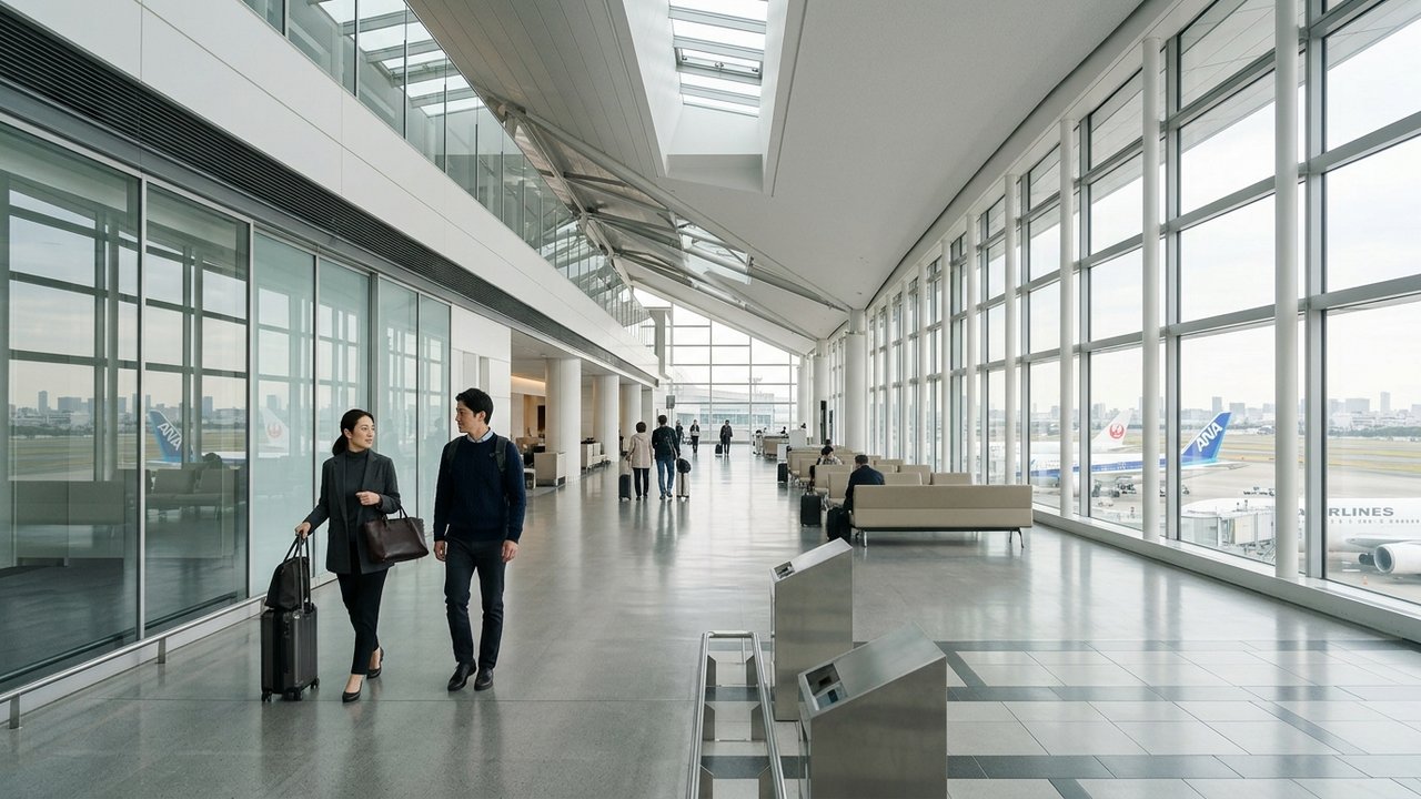 Terminal moderne de l'aéroport Tokyo-Haneda avec voyageurs