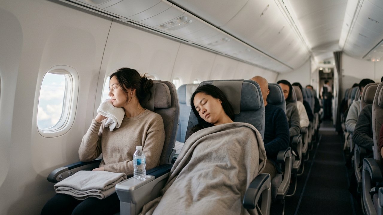 Intérieur d'une cabine d'avion lors d'un vol long-courrier
