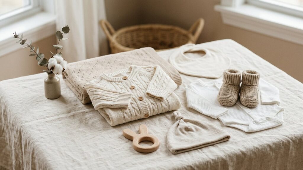 Cadeau bébé mixte : coffret vêtements en couleurs neutres