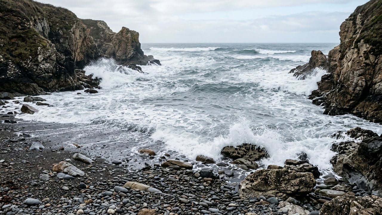Petite crique aux galets et rochers de la playa de Sisurko face à la houle