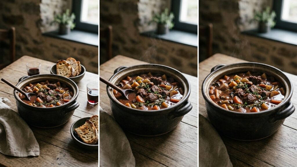 Daube de sanglier mijotant dans une cocotte avec sauce au vin rouge