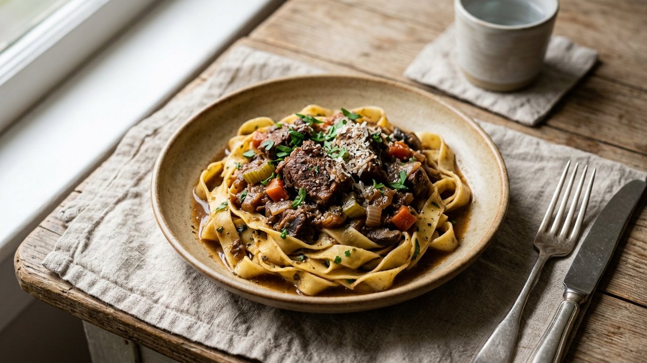 Daube de sanglier fondante servie avec tagliatelles fraîches