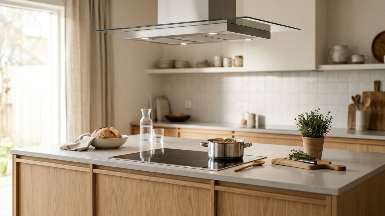 Îlot de cuisine équipé avec plaque de cuisson et hotte aspirante