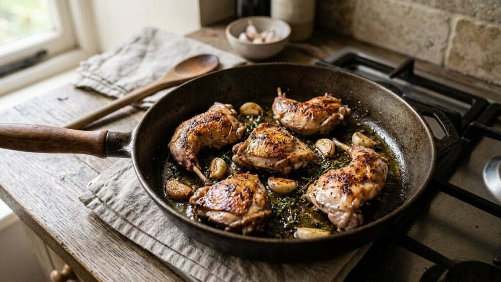 Lapin à l'ail espagnol (conejo al ajillo) en cours de cuisson