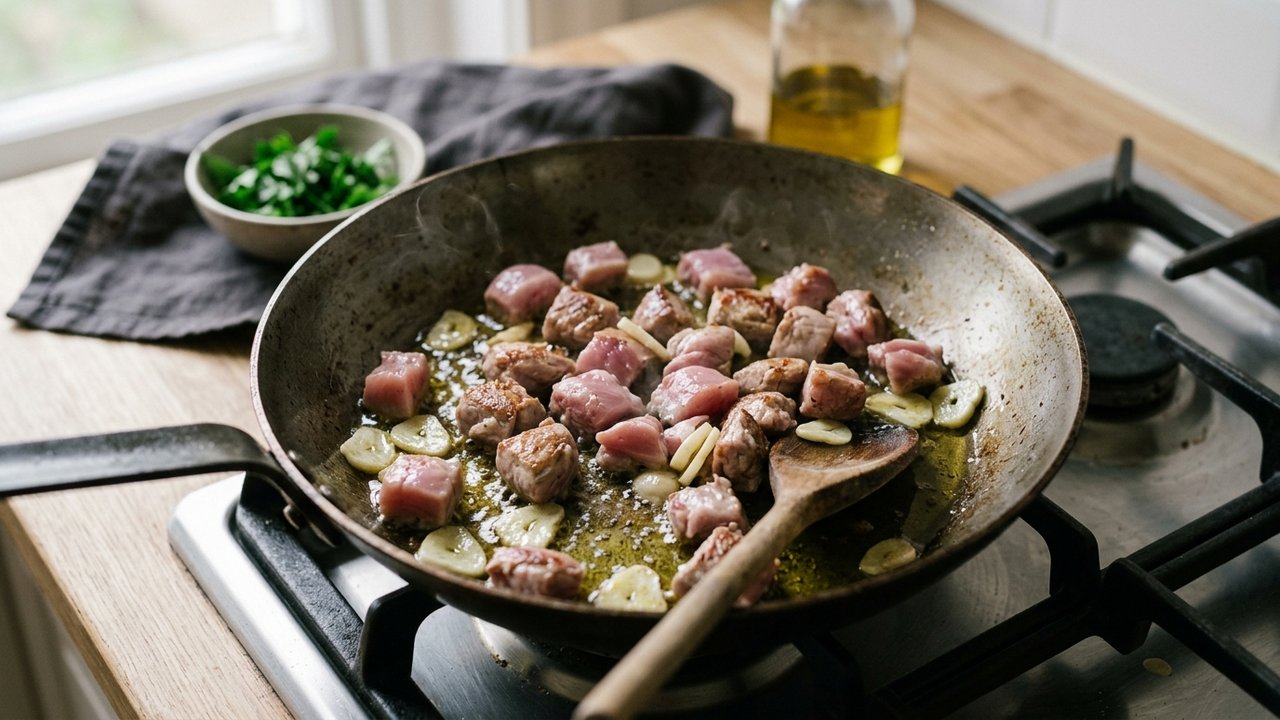 Préparation du lapin à l'ail : viande dorée et ail en lamelles