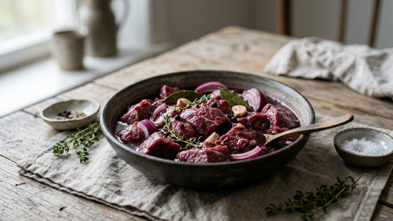 Viande de sanglier en marinade au vin rouge avec légumes et aromates