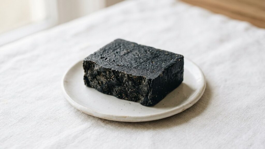 Savon noir avec sa texture caractéristique sombre et lisse