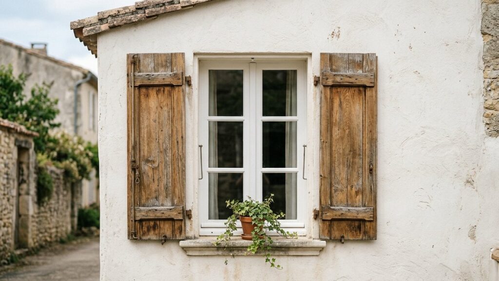 Volets battants en bois ouverts sur une façade traditionnelle