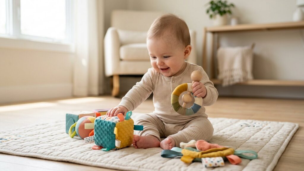 Bébé de 6 mois jouant avec des jouets d'éveil sensoriels sur un tapis