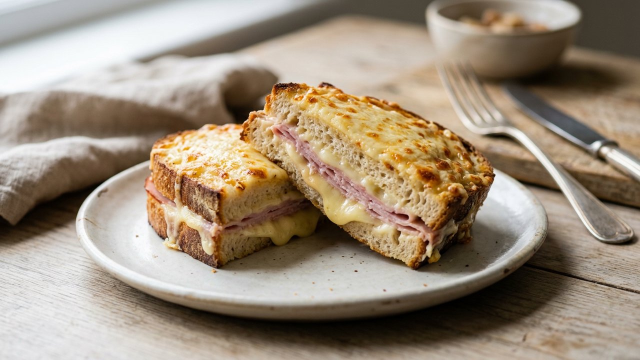 Coupe d'un croque-monsieur montrant l'intérieur moelleux et le gratinage