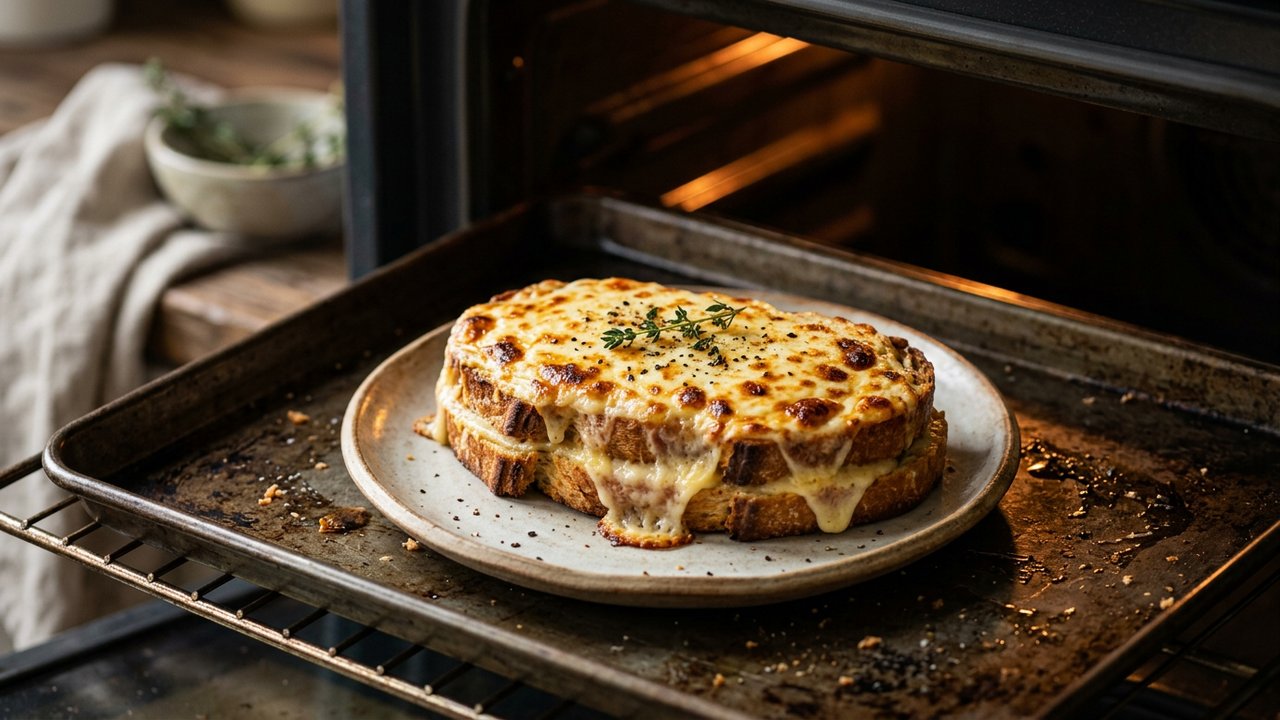 Croque-monsieur sous le gril avec crème fromagère gratinée
