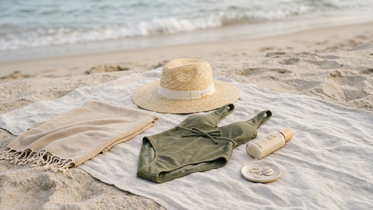 Accessoires essentiels pour les vacances à la plage : serviette, crème solaire et maillot