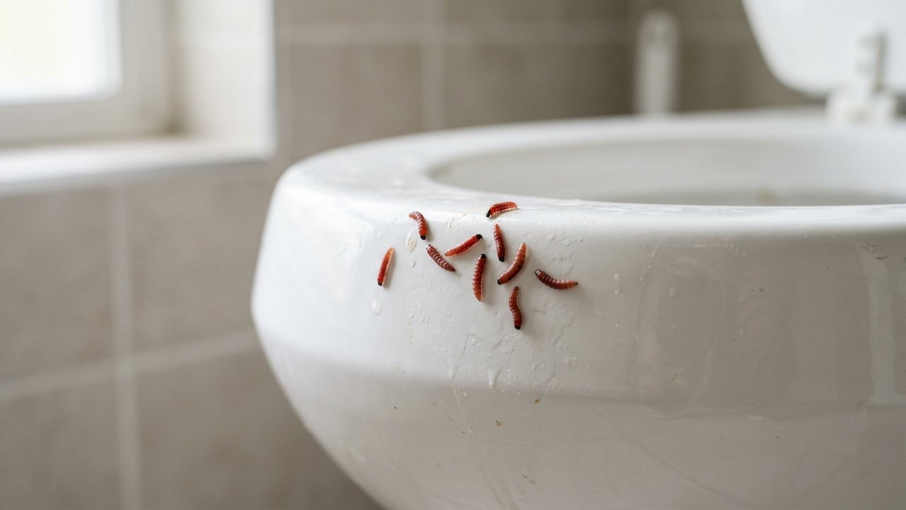 Larves de mouches rouges sur la porcelaine des toilettes