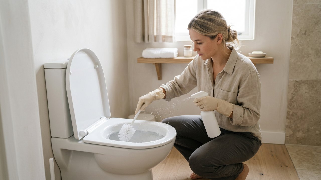 Nettoyage en profondeur des toilettes avec brosse et désinfectant
